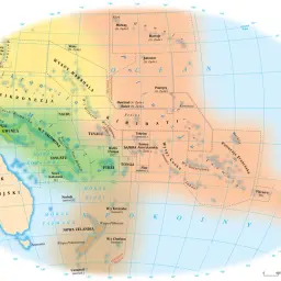 Mapa przedstawia kraje Oceanii, w tym Mikronezję, Polinezję i Melanezję, z zaznaczonymi wyspami i państwami.