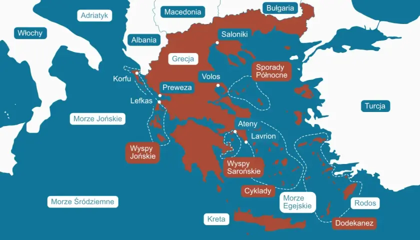 Mapa Grecji pokazuje, że kraj otoczony jest przez Morze Jońskie i Egejskie. Czy w Grecji jest ocean? Nie, ale te morza są częścią Oceanu Atlantyckiego.