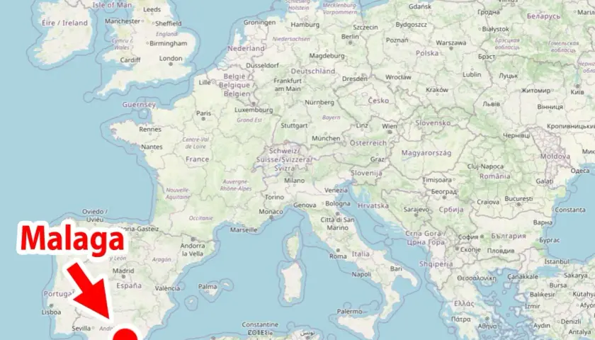 Mapa Europy z zaznaczoną na czerwono Malagą. Gdzie jest Malaga? Na południu Hiszpanii, nad Morzem Śródziemnym.