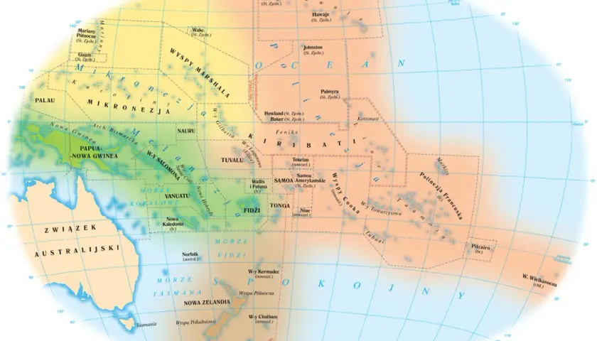 Mapa przedstawia kraje Oceanii, w tym Mikronezję, Polinezję i Melanezję, z zaznaczonymi wyspami i państwami.