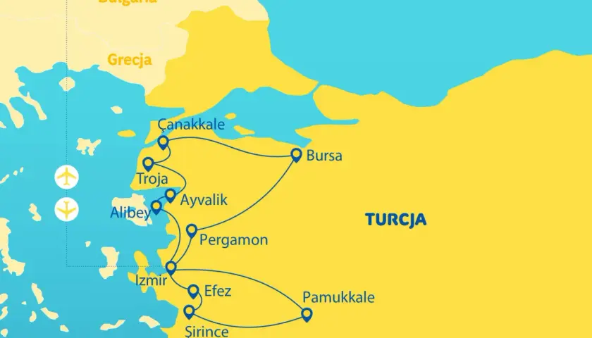 Mapa pokazuje, gdzie leży Morze Egejskie, z zaznaczonymi miastami w Grecji i Turcji, takimi jak Troja, Izmir i Efes.