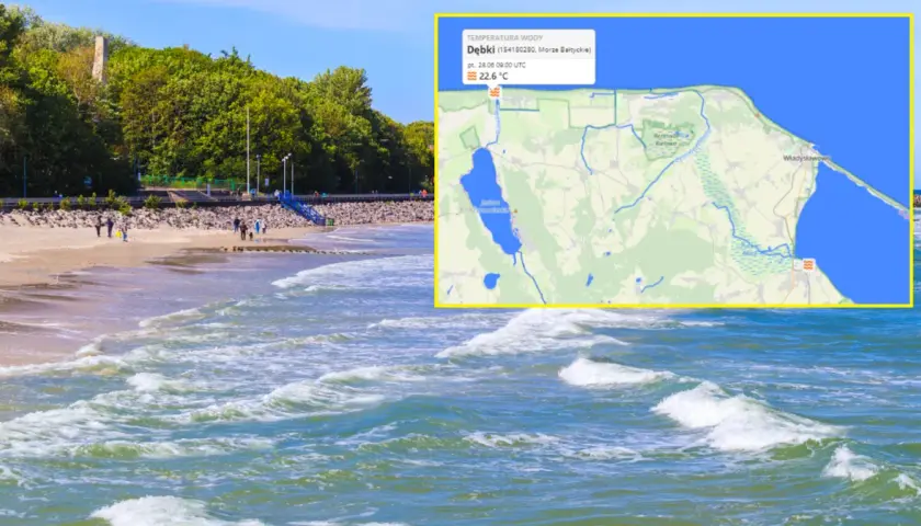 Na mapie widać, że ile stopni ma Bałtyk teraz w Dębkach to 22,6°C. Fala na plaży w słoneczny dzień.