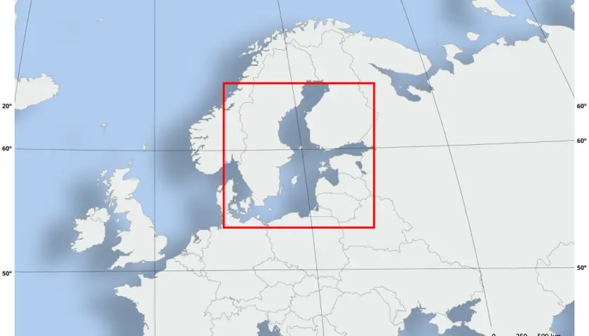 Mapa Europy Północnej z zaznaczonym obszarem Morza Bałtyckiego. Pokazuje, czy Norwegia ma dostęp do Morza Bałtyckiego.