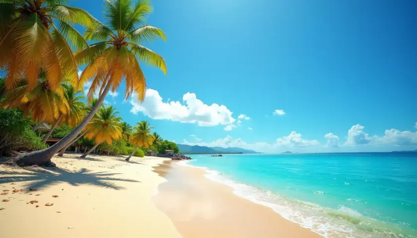 Rajska plaża z palmami i turkusową wodą. Idealne miejsce, by znaleźć odpowiedzi na pytanie, kiedy najtaniej na Dominikanę.