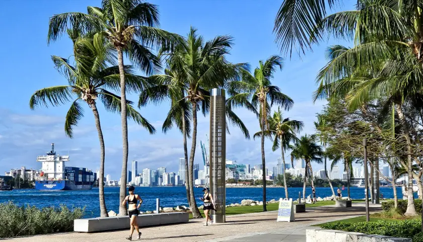 Kiedy jechać do Miami? Słoneczny dzień, palmy, biegnące kobiety i statek towarowy na wodzie. Idealny czas na aktywność!