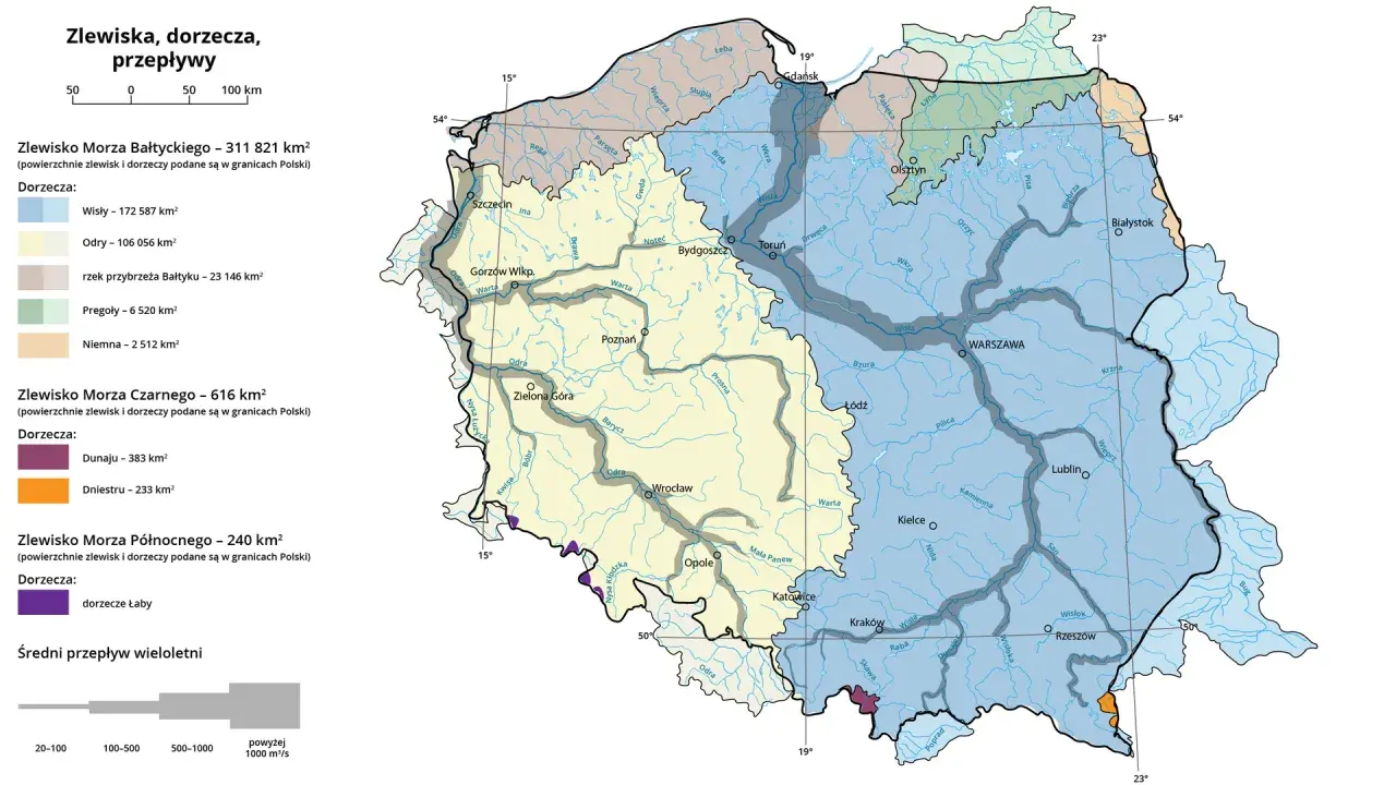 Mapa Polski z zaznaczonymi zlewiskiem Bałtyku, Morza Czarnego i Północnego oraz głównymi rzekami.