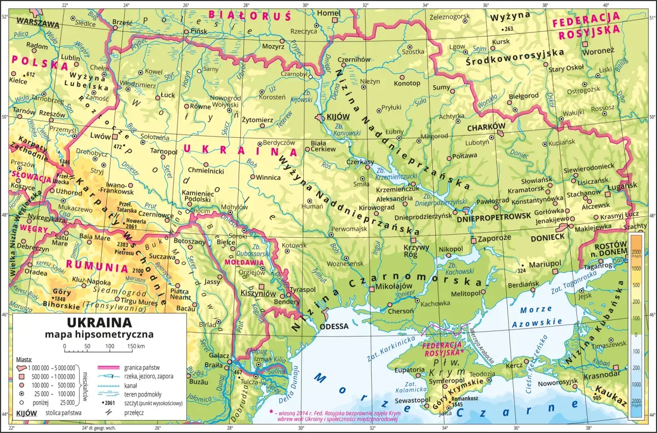 Mapa pokazuje, które państwa graniczące z Polską mają dostęp do morza: Litwa, Rosja i Ukraina.
