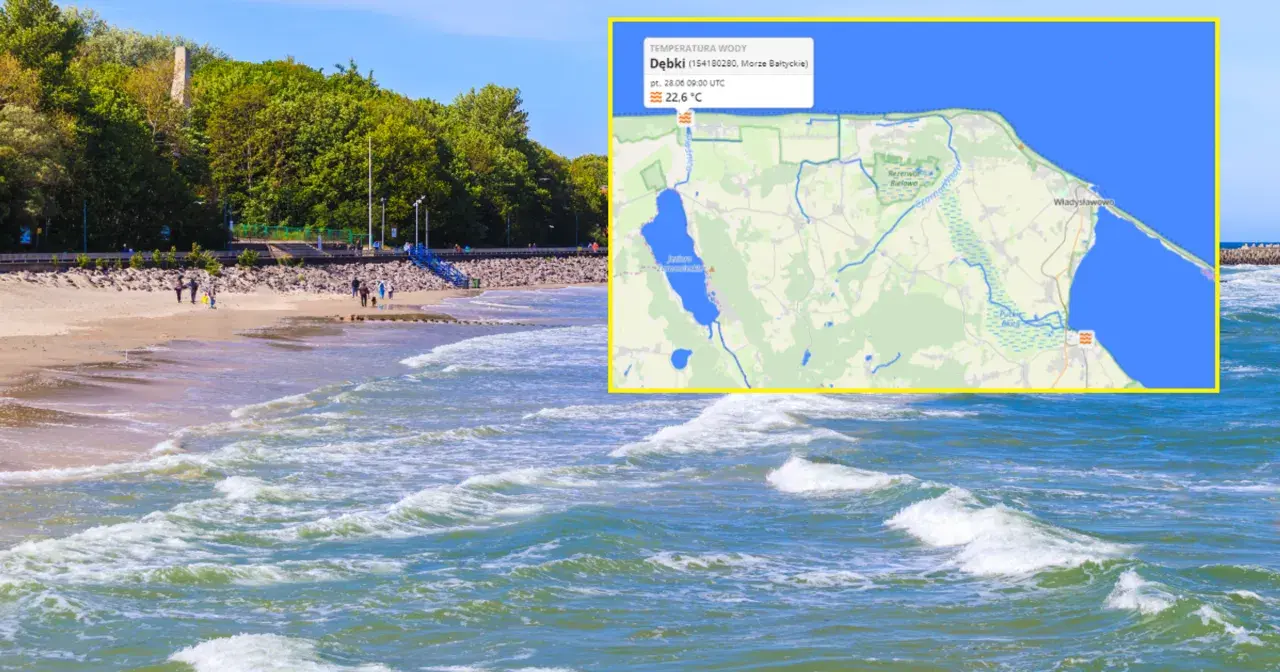 Plaża i morze, gdzie zamarza morze, z mapą pokazującą temperaturę wody 22,6°C.