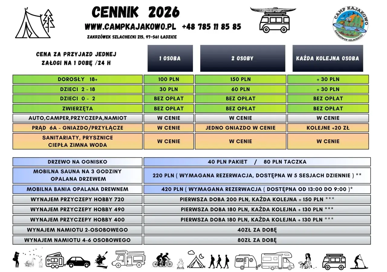 Cennik 2026: ile kosztuje pole namiotowe? Ceny za osobę, dzieci, zwierzęta, prąd, sanitariaty, wynajem namiotu i przyczepy.