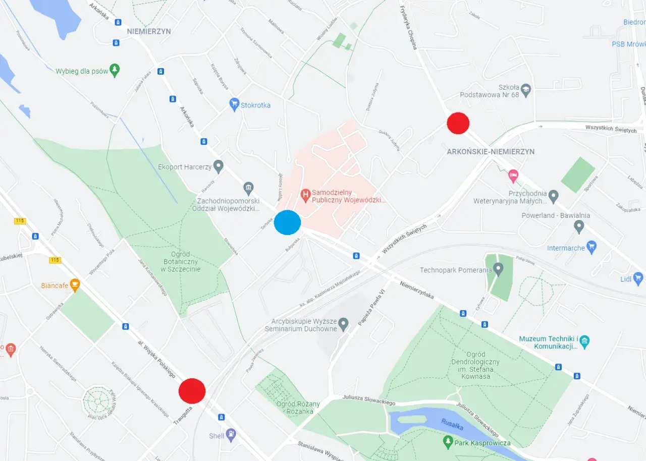 Mapa Szczecina z zaznaczonymi punktami. Pokazuje, ile jest ze Szczecina do morza, wskazując drogę przez tereny zielone i miejskie.