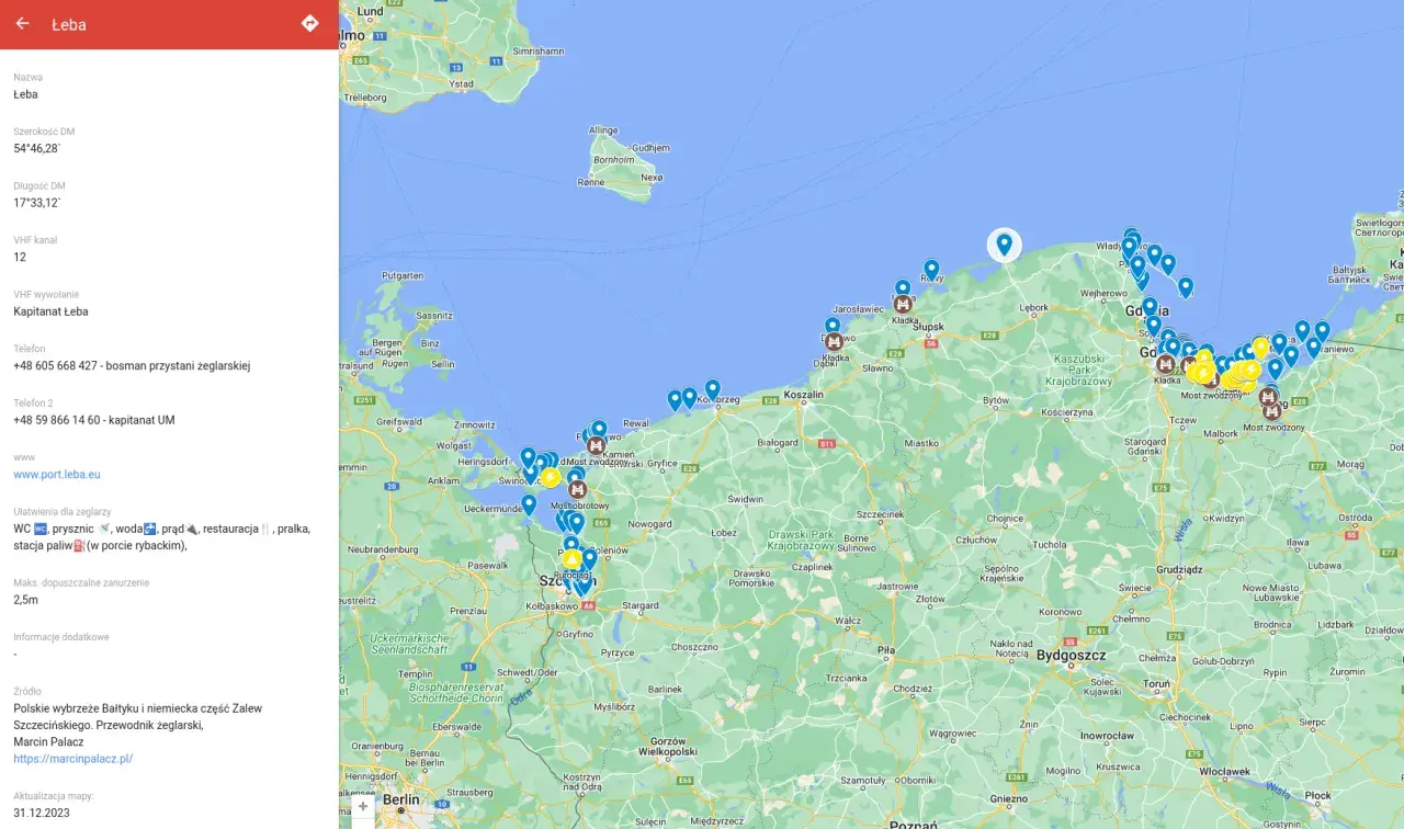 Mapa pokazuje polskie wybrzeże Bałtyku, od Świnoujścia po Kłajpedę. Ile kilometrów ma polskie wybrzeże? Trudno to dokładnie określić, ale mapa pokazuje jego długość.