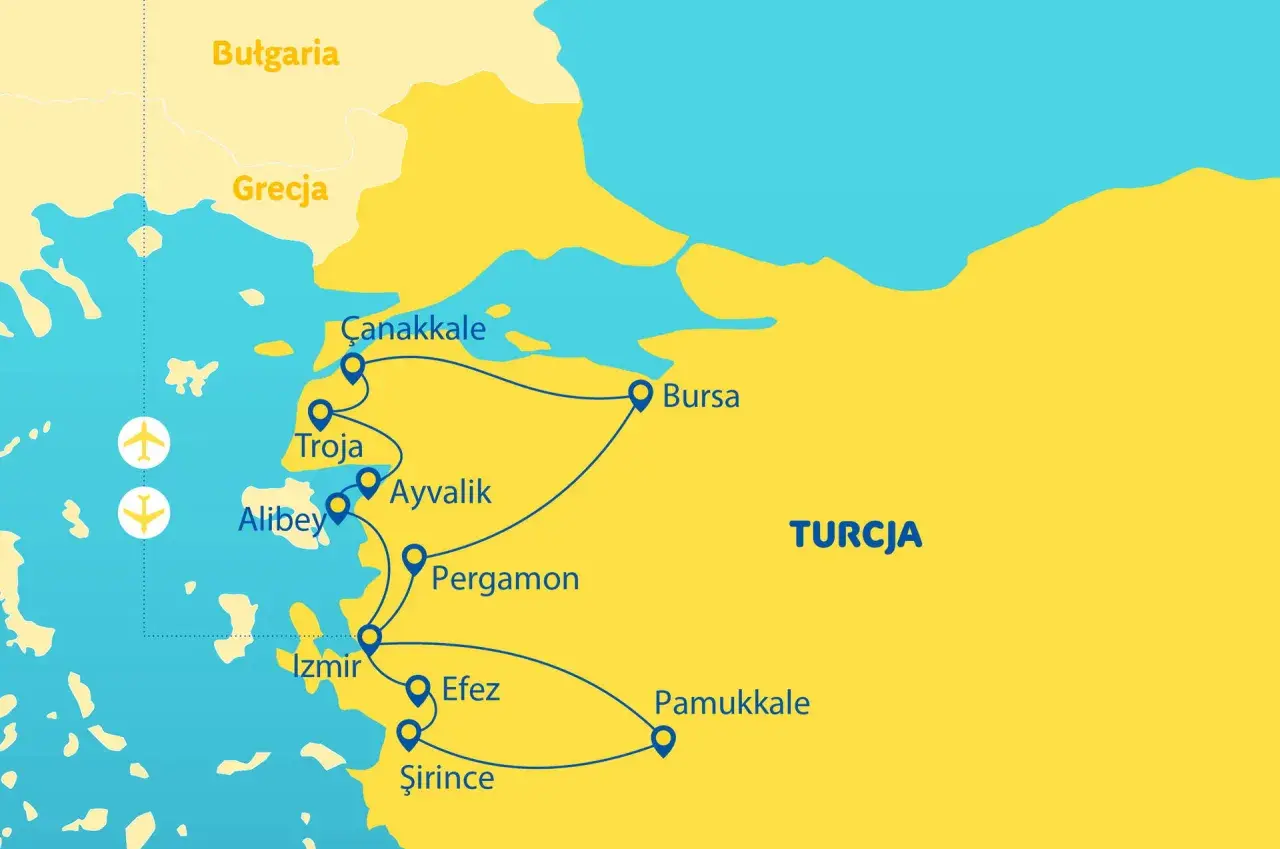 Mapa pokazuje, gdzie leży Morze Egejskie, z zaznaczonymi miastami w Grecji i Turcji, takimi jak Troja, Izmir i Efes.
