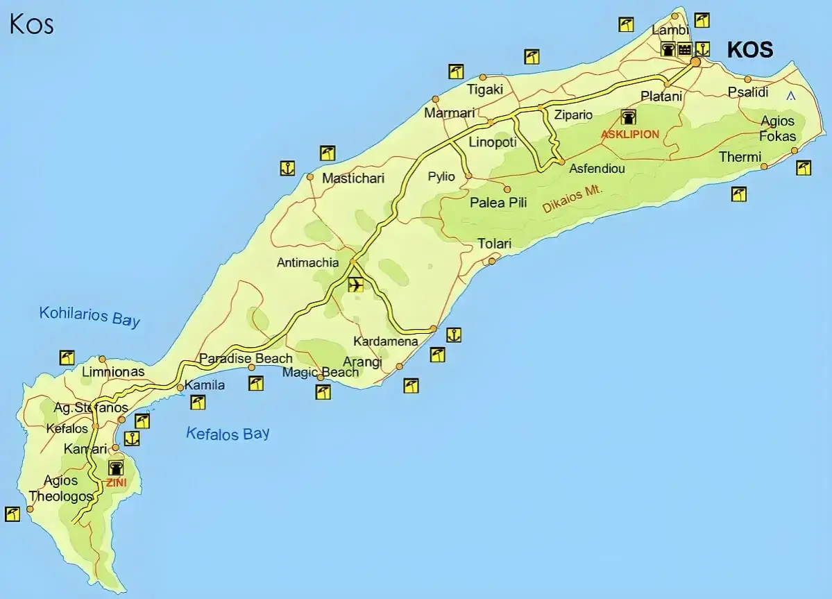 Mapa wyspy Kos, pokazująca jej położenie w Morzu Egejskim. Widoczne miejscowości: Marmari, Tigaki, Kardamena, Kefalos.