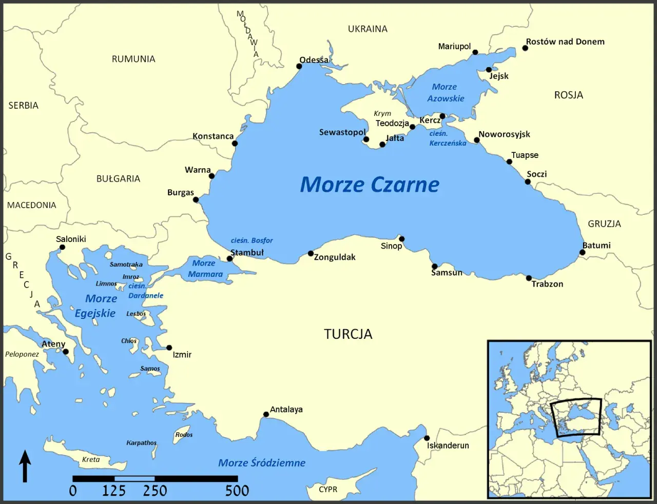 Mapa pokazuje, czy Morze Czarne jest w Europie, otoczone przez Ukrainę, Rosję, Gruzję, Turcję, Bułgarię i Rumunię.