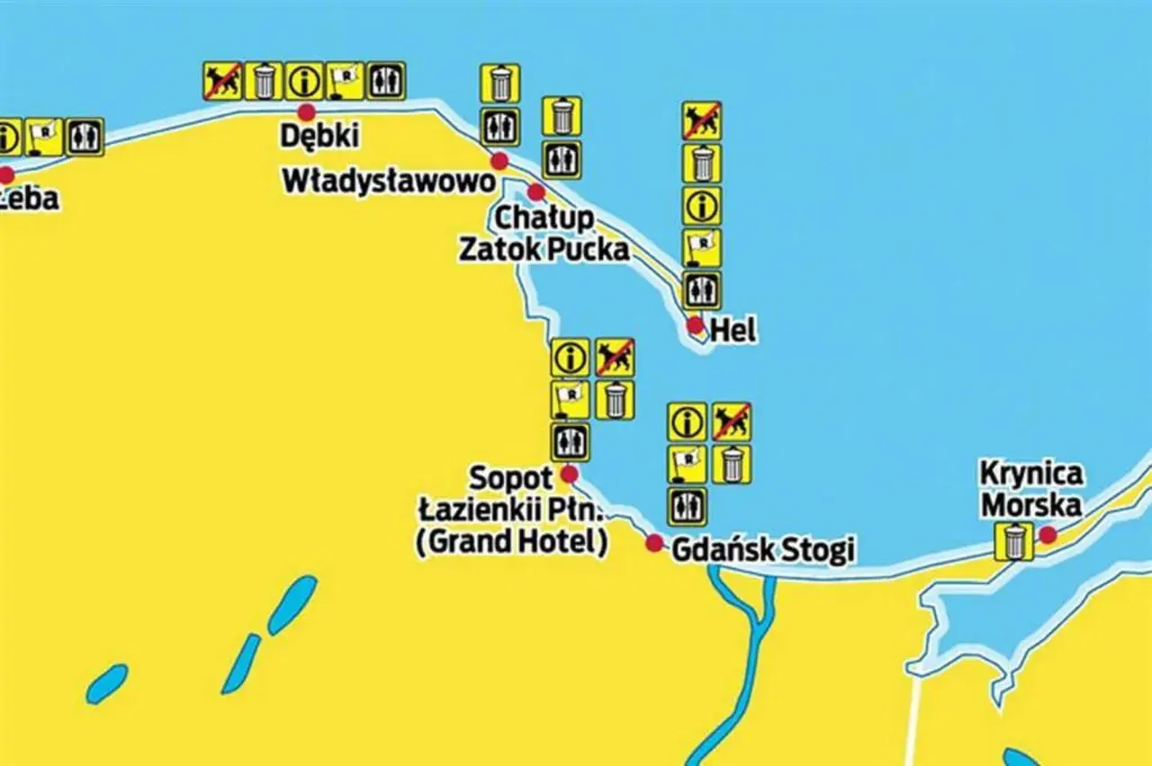 Mapa pokazuje polskie wybrzeże z zaznaczonymi miejscowościami jak Hel, Krynica Morska, Sopot. Szukasz odpowiedzi, gdzie najbliżej nad morze ze śląska?