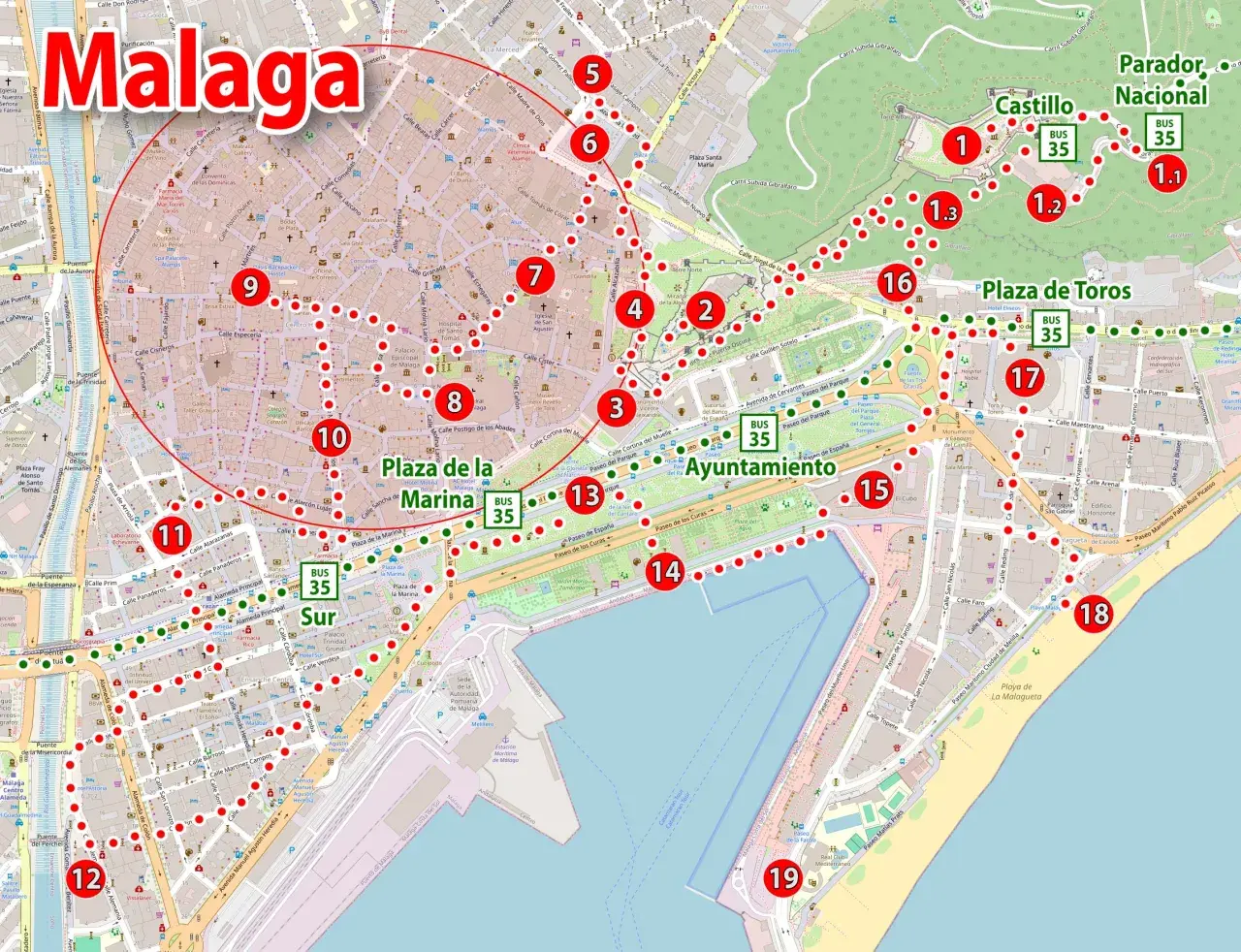 Mapa turystyczna Malagi z zaznaczonymi atrakcjami: zamek, plac byków, marina, plaża. Gdzie jest Malaga? Tutaj!