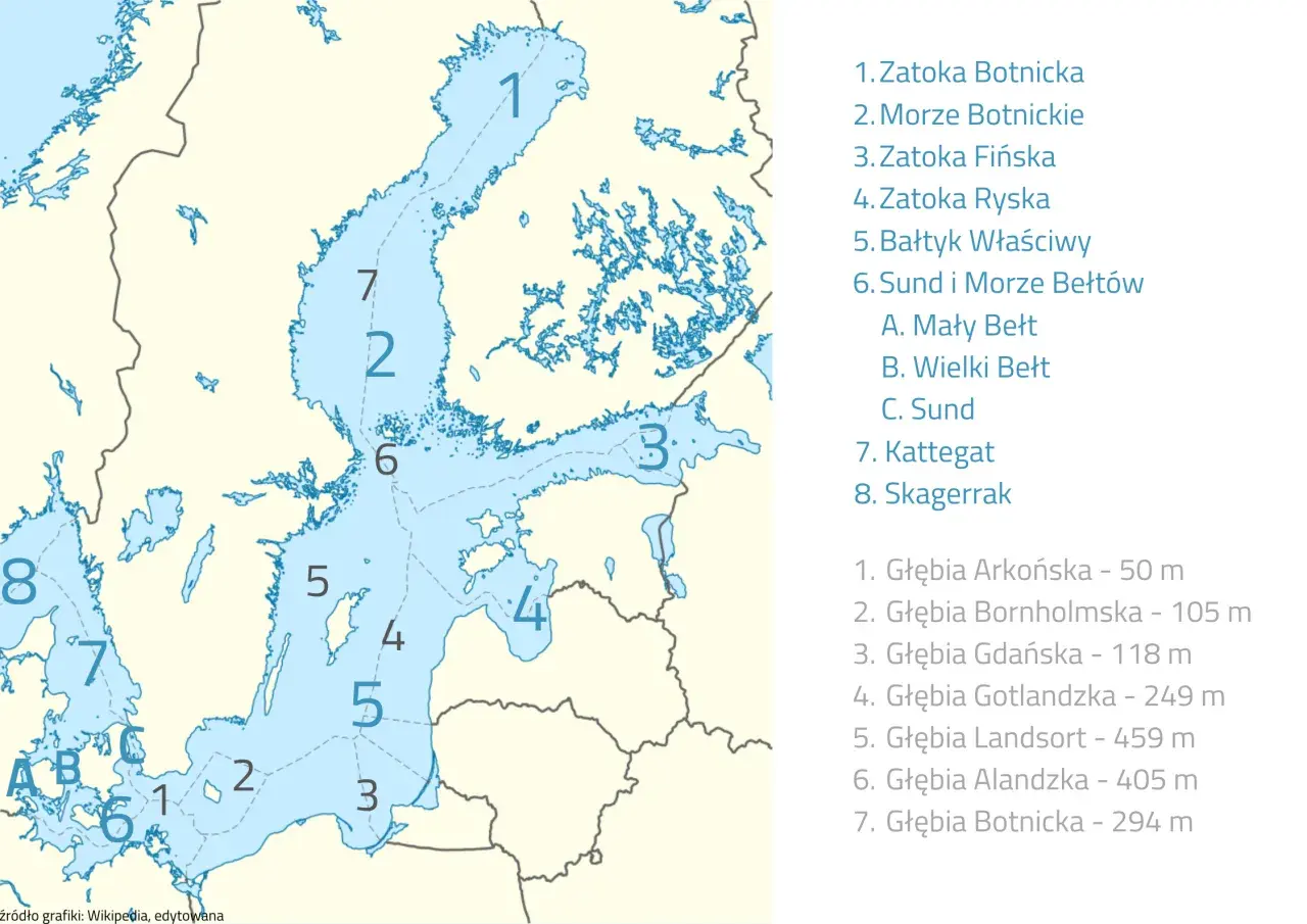 Mapa Morza Bałtyckiego z zaznaczonymi obszarami i głębokościami. Nie ma informacji o tym, ile wysp mają Niemcy.