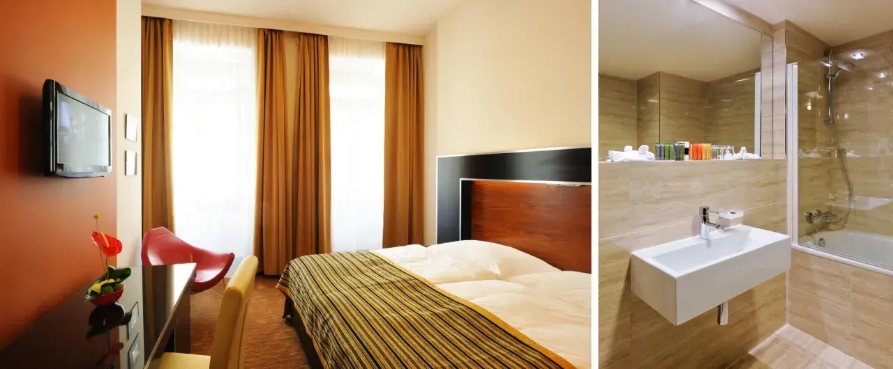 Pokój hotelowy z łóżkiem i łazienką. Zastanawiasz się, ile kosztuje nocleg w Pradze?