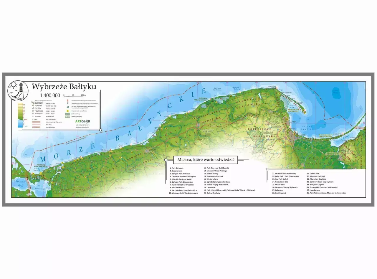 Mapa Wybrzeża Bałtyku z zaznaczonymi atrakcjami turystycznymi. Długość polskiego wybrzeża to ok. 500 km.