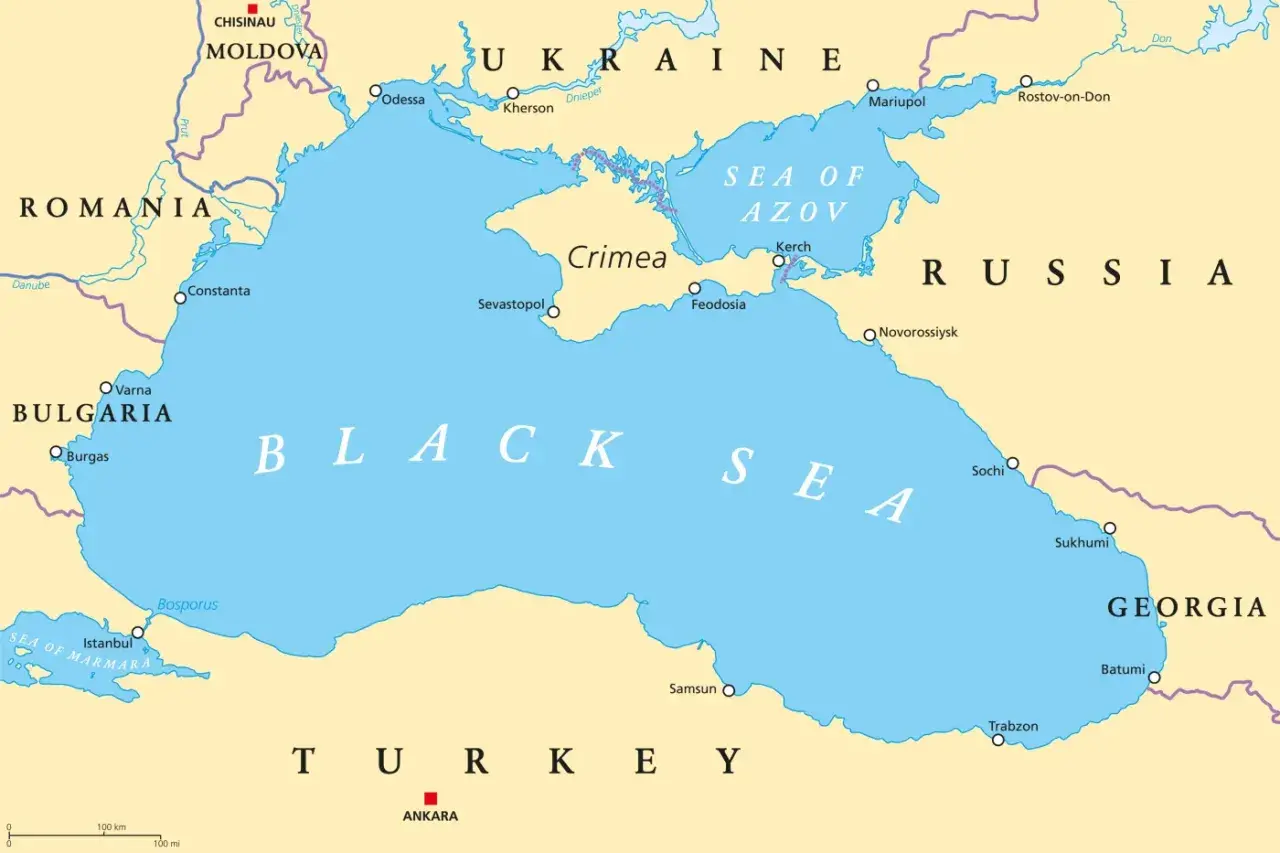 Mapa Morza Czarnego. Czy Morze Czarne jest w Europie? Tak, otaczają je kraje europejskie jak Rumunia, Bułgaria, Ukraina i Rosja.