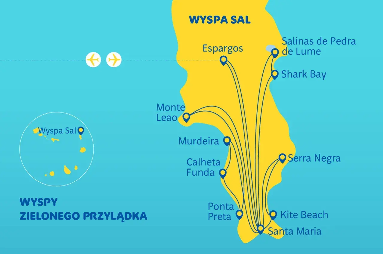 Mapa pokazuje, gdzie leżą Wyspy Zielonego Przylądka, ze szczególnym uwzględnieniem wyspy Sal i jej atrakcji.