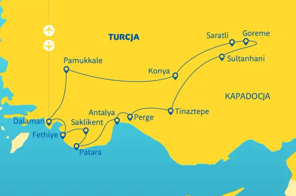 Mapa pokazuje trasę wycieczki objazdowej po Turcji, obejmującą Pamukkale, Konyę, Kapadocję (Göreme, Saratli, Sultanhanı) oraz wybrzeże z Dalamanem, Fethiye, Patarą, Saklikent, Antalyą i Perge.
